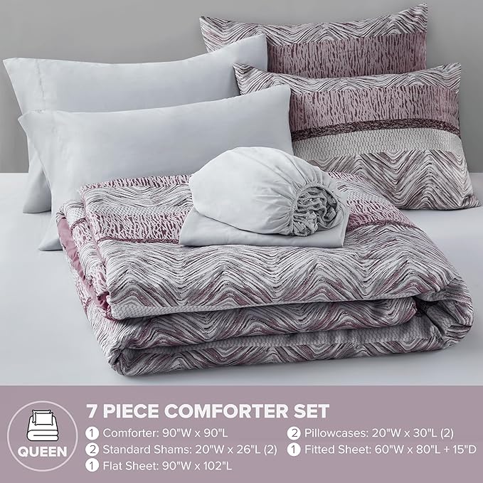 Comfort Spaces Purple Queen Comforter Set - 7 Pieces Trendy Modern Jacquard Bedding Sets with Sheets, All Seasons Skin-Friendly, Lightweight & Soft Microfiber Queen Bed Set, Shams, Queen
