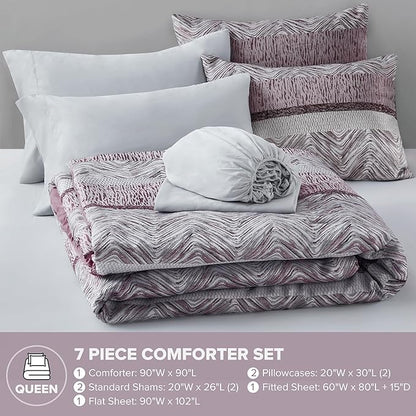 Comfort Spaces Purple Queen Comforter Set - 7 Pieces Trendy Modern Jacquard Bedding Sets with Sheets, All Seasons Skin-Friendly, Lightweight & Soft Microfiber Queen Bed Set, Shams, Queen