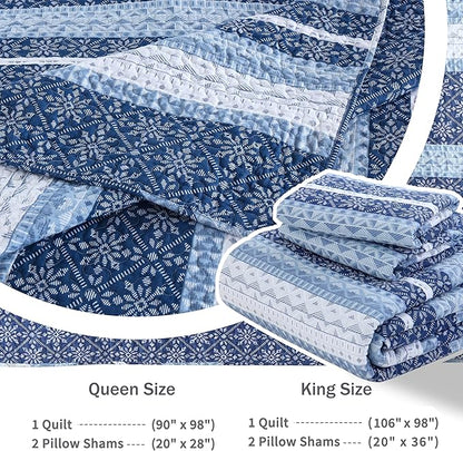 Homzard Quilt King Size,Blue White Snowflake Striped Quilt Bedding Set, Cotton Boho Gemetic Comforter Set, Lightweight Comforter King Size (106 * 98 Inches) with 2 Pillow Shams
