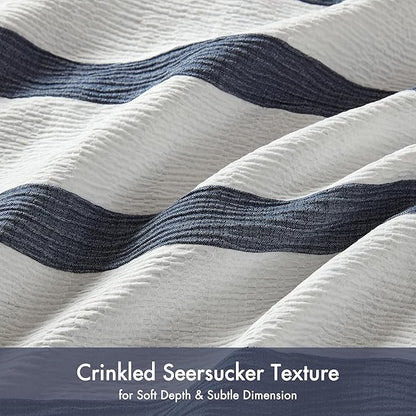 Madison Park Essentials Striped Comforter Set King Size, Yarn-Dyed Reversible Comforter with Minimalist Stripes, Crinkled Texture Bedding Set for All-Season Lightweight Warmth, Merritt Blue