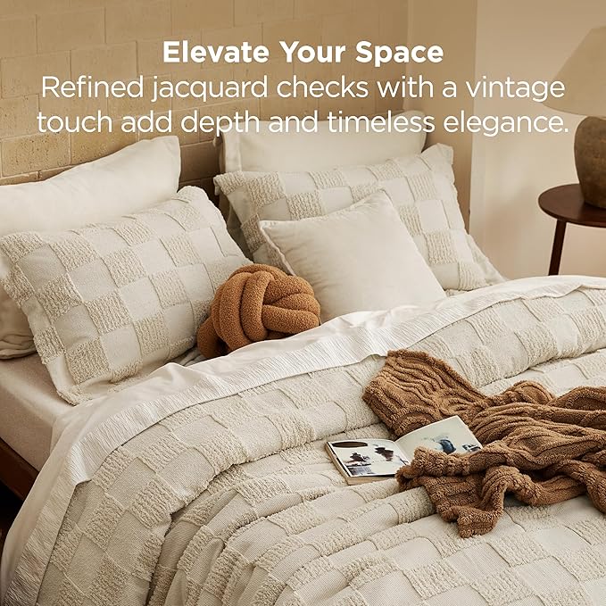 Bedsure King Size Comforter Set Beige, Boho Tufted Bed Set, Checkered Farmhouse Shabby Chic Bedding, 3 Pieces, 1 Plaid Geometric Comforter and 2 Pillow Shams