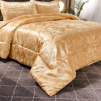 King Size Comforter Set All Season Gold Bedding Comforter Sets Silk Jacquard Bed Set Lightweight Quilt 3pcs Soft Bedding Sets Matching 2 Pillow Shams (King,104-by-90 inches)