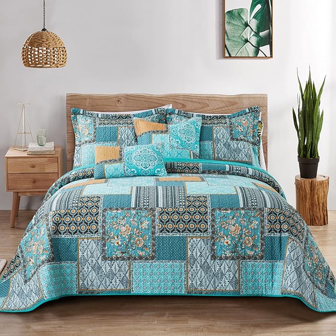BEDIFANY Cotton Queen Size Quilt, Lightweight Bedspread Queen Size, Teal, Quilted Coverlets Queen Quilt Bedding Sets for Bed Decorations for All Seasons. 3 Pieces