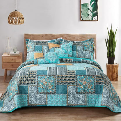 BEDIFANY Cotton Queen Size Quilt, Lightweight Bedspread Queen Size, Teal, Quilted Coverlets Queen Quilt Bedding Sets for Bed Decorations for All Seasons. 3 Pieces