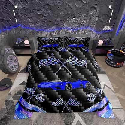jejeloiu Blue Race Car Bedding Set Full Size Extreme Sports Comforter Set for Kids Teens Adult Fast and Furious Duvet Set Dazzling Flag Quilt Set 3Pcs