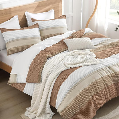 Litanika Twin/Twin XL Comforter Set Dorm Bedding Beige, 2 Pieces Twin Extra Long Comforter & Sets Taupe Khaki White Colorblock Stripe, All Season Bed Set