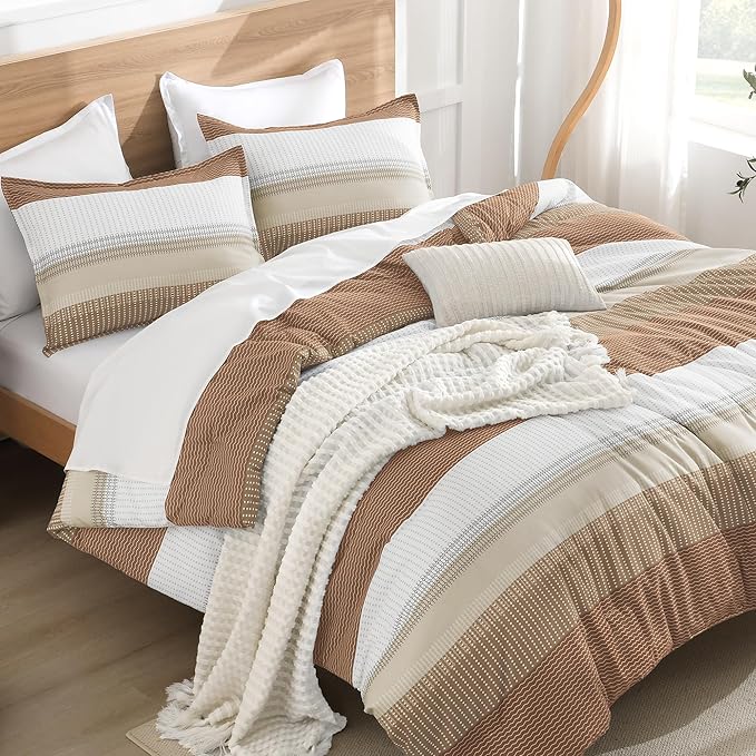Litanika Full Size Comforter Sets Beige, 3 Pieces Lightweight Taupe Khaki White Colorblock Stripe Fluffy Bedding Comforter Sets, All Season Bed Set