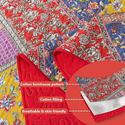 BEDIFANY Cotton Queen Quilt Set - Vintage Farmhouse Bedspread with Vibrant Floral Pattern, 3-Piece Lightweight Coverlet (90x98 Inch) + 2 Pillow Shams, All Seasons Multicolor Quilt Bedding Set