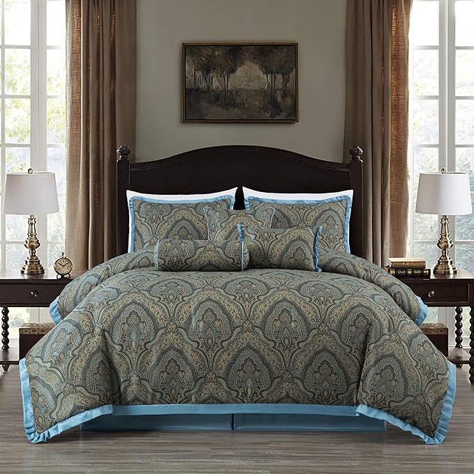 Chezmoi Collection Pierre Comforter Set California King Size, 7-Piece Blue Gold Medallion Paisley Jacquard Bedding Set