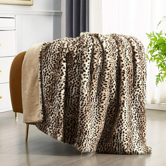 JONIYEAR Cozy Plush Striped Brown Cheetah Faux Rabbit Fur Blanket Twin Size 60" x 70",Overized Thick Fuzzy Leopard Lap Blankets for Women, Soft Fluffy Animal Printed Warm Shaggy Blanket for Winter