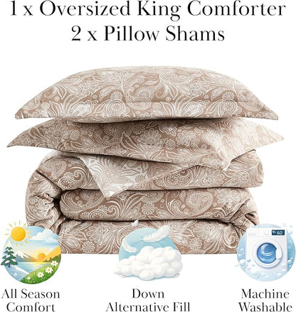 Southshore Fine Living, Inc. Oversized Comforter King Size Bed Set, Down Alternative Paisley Bedspread, Reversible Bedding Sets, California/King Sized Comforter & Matching Shams, Taupe/White