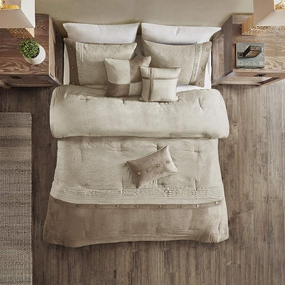 Madison Park Boone Cozy Comforter Set, Faux Suede, Deluxe Hotel Styling All Season Down Alternative Bedding Matching Shams, Decorative Pillow, Queen (90 in x 90 in), Rustic Tan 7 Piece