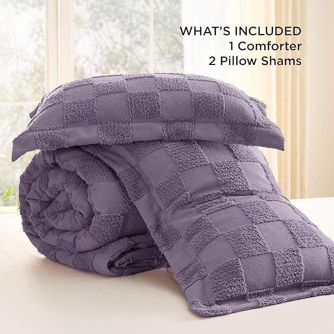 Bedsure King Size Comforter Set Grayish Purple, Boho Tufted Bed Set, Checkered Farmhouse Shabby Chic Bedding, 3 Pieces, 1 Plaid Geometric Comforter and 2 Pillow Shams