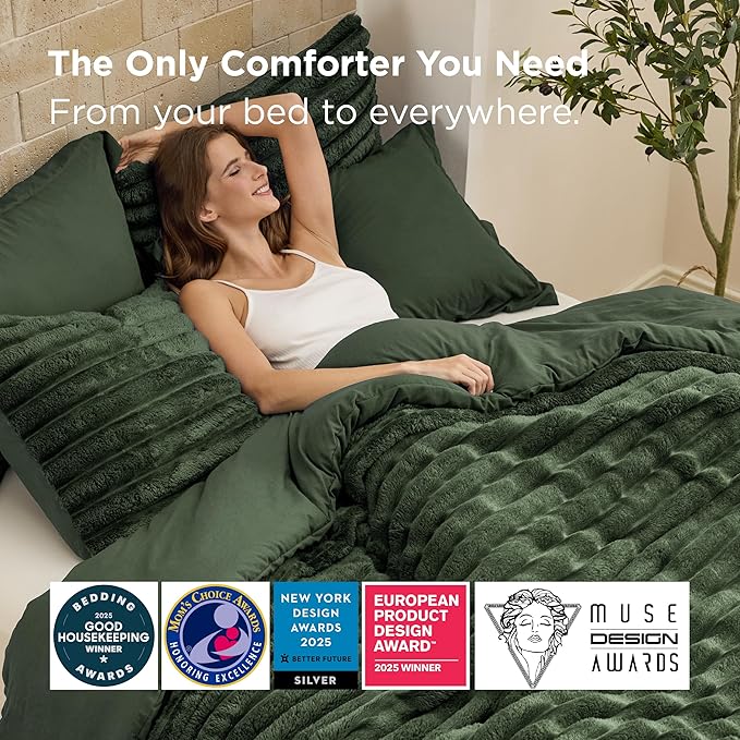 Bedsure Gentlesoft 2-in-1 King Size Comforter Set and Detachable Fluffy Blanket, Olive Green Bedding Set for All Season Use, SnapTech Design for Space Saving(Includes 2 Pillow Shams,2 Pillowcases)