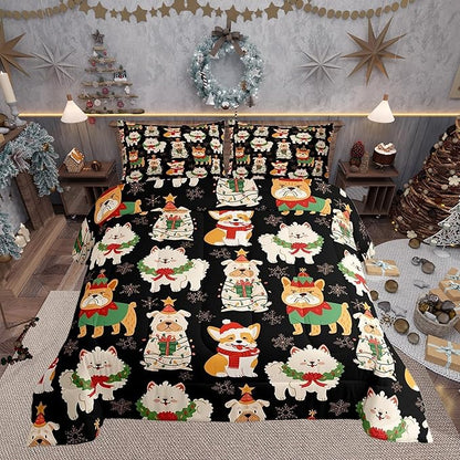 Castle Fairy Christmas Pets King Size Comforter/Duvet Set,Cute Puppy Dog Animal Ultra Soft Bed Collection,Merry Christmas Theme Bedding for Room Decor 3 Pcs,Microfiber Breathable