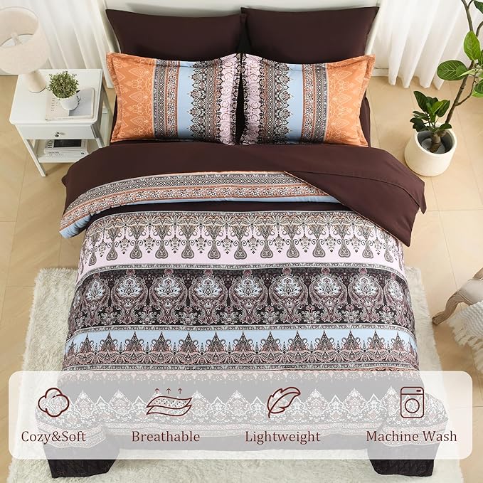 Boho King Size Comforter Set - 7 Pieces Bed in a Bag Bohemian Striped Comforter Set with Sheets, Soft Microfiber Brown Floral Bedding Sets for All Seasons (Brown, King)