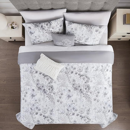 Modern Threads 5-Piece Printed Comforter Set, Giverny Queen in White Grey Blue – Soft Comforter, 2 Pillow Shams, and 2 Decorative Pillows