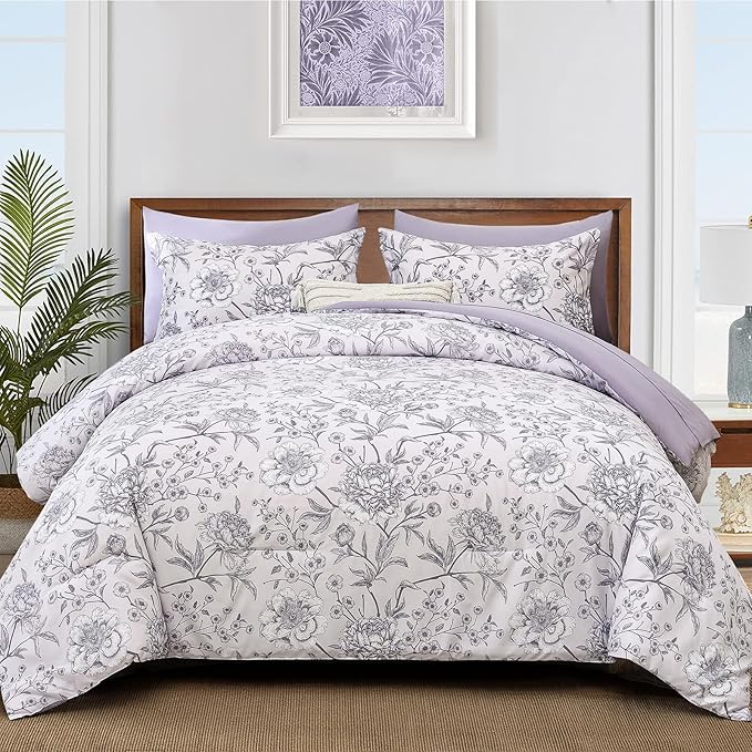 Yiran Botanical Floral Purple Comforter King 7 Piece Bed in a Bag Soft Microfiber Bedding Comforter Set for All Season (1 Comforter,2 Pillowcases,2 Pillow Shams,1 Flat Sheet,1 Fitted Sheet)