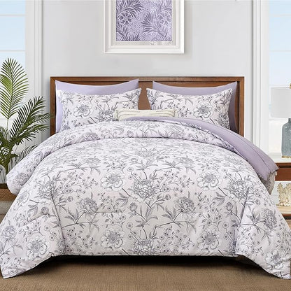 Yiran Botanical Floral Purple Comforter King 7 Piece Bed in a Bag Soft Microfiber Bedding Comforter Set for All Season (1 Comforter,2 Pillowcases,2 Pillow Shams,1 Flat Sheet,1 Fitted Sheet)