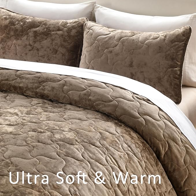 Homzard Luxury Velvet Quilt Set King Size Bedding, Mocha Brown Comforter Set, Ultra-Soft Striped Channel Stitch All Season Comforter, Thermal Bedspread Coverlet with 2 Pillow Shams