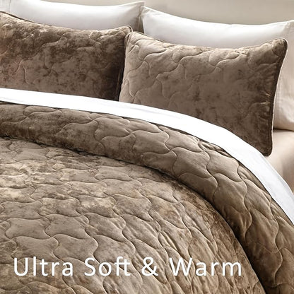 Homzard Luxury Velvet Quilt Set Queen Size Bedding, Mocha Brown Comforter Set, Ultra-Soft Striped Channel Stitch All Season Comforter, Thermal Bedspread Coverlet with 2 Pillow Shams