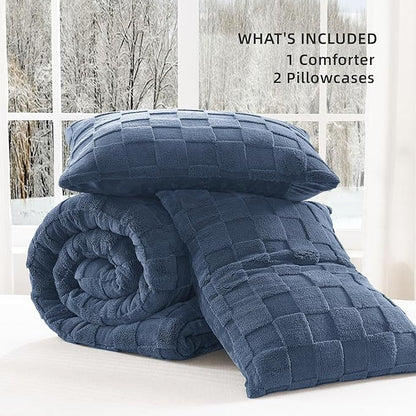 Litanika Fluffy Queen Size Comforter Set Ocean Blue, 3 Pieces Warm Sherpa Fleece Winter Bedding Set, Jacquard Checkered Plush Fuzzy Bed Set(1 Comforter, 2 Pillowcases)
