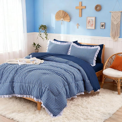 A Nice Night Comforter 5Pcs Twin Size,Navy Ruffle Comforter for Dorm Room Essentials for Twin Bed,Plaid Checkered Chic Bedding Bed in a Bag for Girls