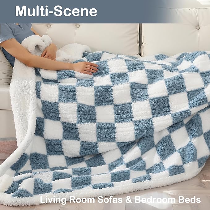 Electric Heated Blanket Full Size 72"×84" with 9 Heating Levels & 1-10Hs Auto Off, Checkered Plaid Double Sided Sherpa, Energy Efficient, Machine Washable, for Couch & Bed, Light Blue