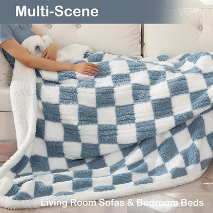 Electric Heated Blanket Full Size 72"×84" with 9 Heating Levels & 1-10Hs Auto Off, Checkered Plaid Double Sided Sherpa, Energy Efficient, Machine Washable, for Couch & Bed, Light Blue
