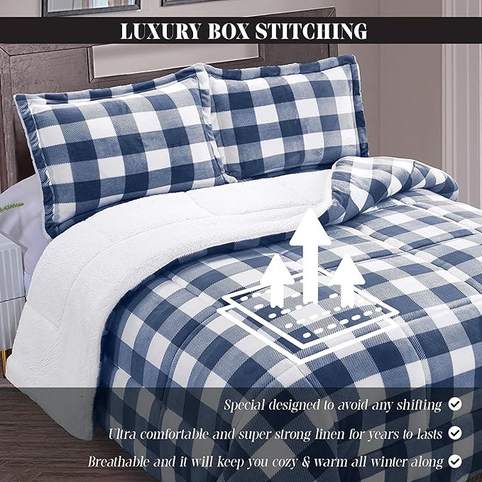 Elegant Comfort 3-Piece Buffalo Lodge-Plaid Comforter Set, Luxurious, Heavyweight, All Season, Down Alternative-Micromink Sherpa-Backing Reversible Micro-Suede, Soft and Plush, Full, Navy Blue/White