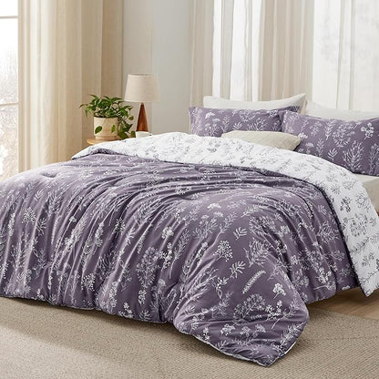 Bedsure King Comforter Set - Grayish Purple Bed Set, 3 Pieces Cute Floral Bedding, 1 Soft Reversible Botanical Flowers Comforter and 2 Pillow Shams