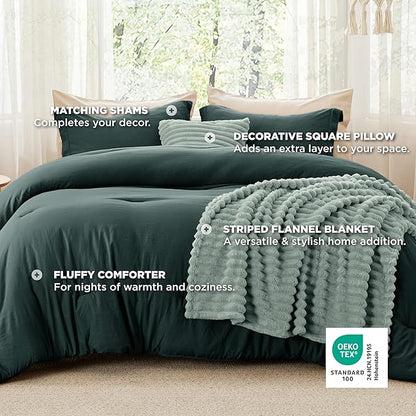 Bedsure Comforter King Size 5 Pieces - King Size Comforter Set with Fleece Throw Blanket and Decorative Pillow, Lightweiget Bedding Comforter Sets, All Season Bedding Sets, Emerald Green