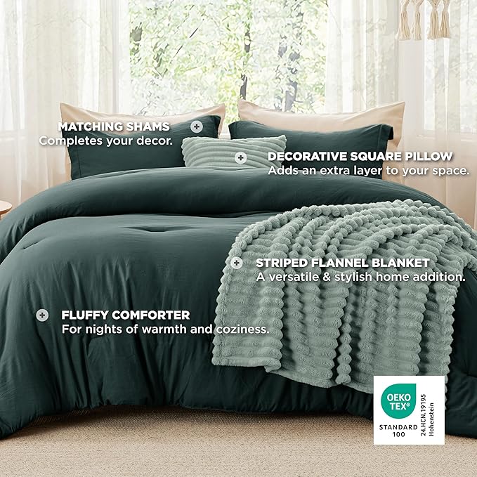 Bedsure Comforter Queen Size 5 Pieces - Queen Size Comforter Set with Fleece Throw Blanket and Decorative Pillow, Lightweiget Bedding Comforter Sets, All Season Bedding Sets, Emerald Green