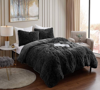 Plush Shaggy Comforter Set Ultra Soft Luxurious Faux Fur Decorative Fluffy Crystal Velvet Bedding with 2 Shams, King, Black