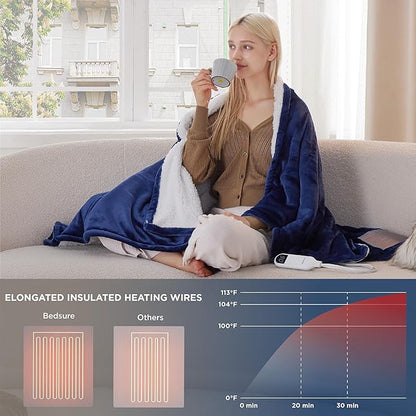 Bedsure Heated Blanket Throw Blanket - Fast Heating Electric Blanket, Soft Flannel Heated Throw with 4 Time Settings, 6 Heating Settings, Warm Gifts for Grandma, Women, Men (50"x60", Navy)