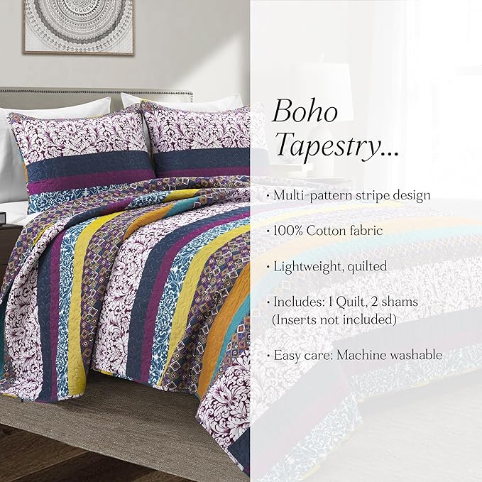Lush Decor Boho Stripe Reversible Cotton Quilt 3-Piece Set, King, Plum & Yellow - Bold Colorful Bohemian Bedding Set
