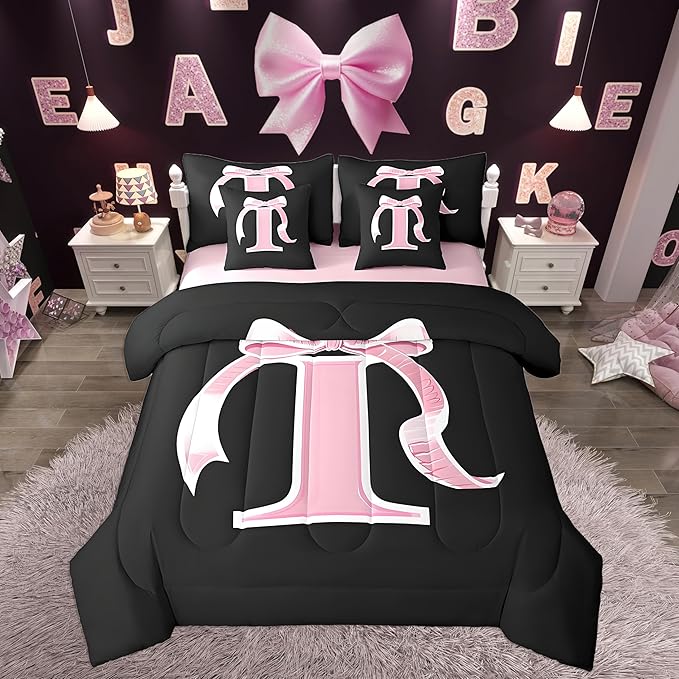 jejeloiu Kids Girls Black Pink Bow Comforter Set with Sheets King Size Monogrammed 7 Piece Bedding Set Personalized Initial I Bed in a Bag with Comforter,Sheets,Pillowcases Modern Fashion Bed Set