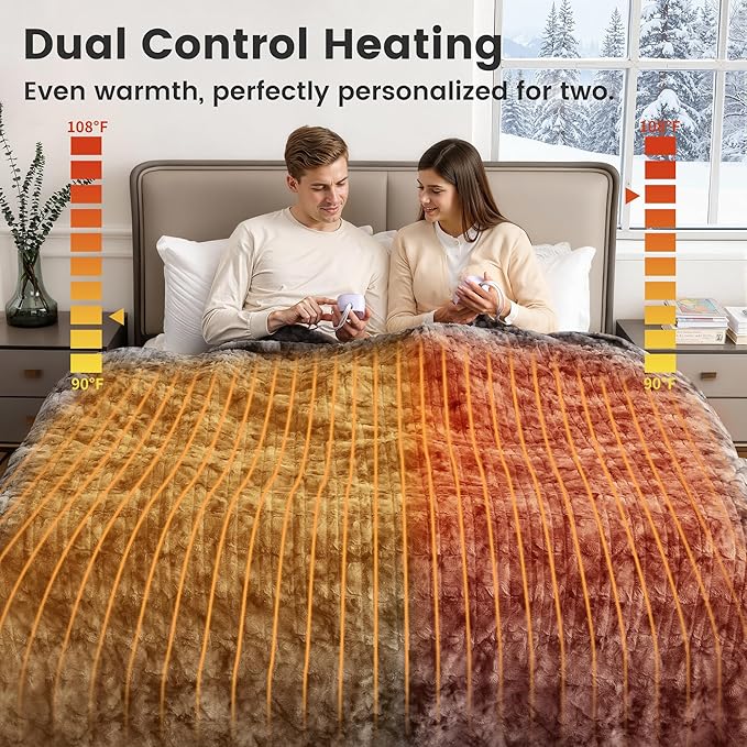 WOOMER Heated Blanket King Size 100" x 90", Electric Blanket with Dual Controllers, 0.5-12 Hours Timer & 10 Heating Levels, ETL Certified, Marble Gray Double-Sided Faux Fur, Machine Washable