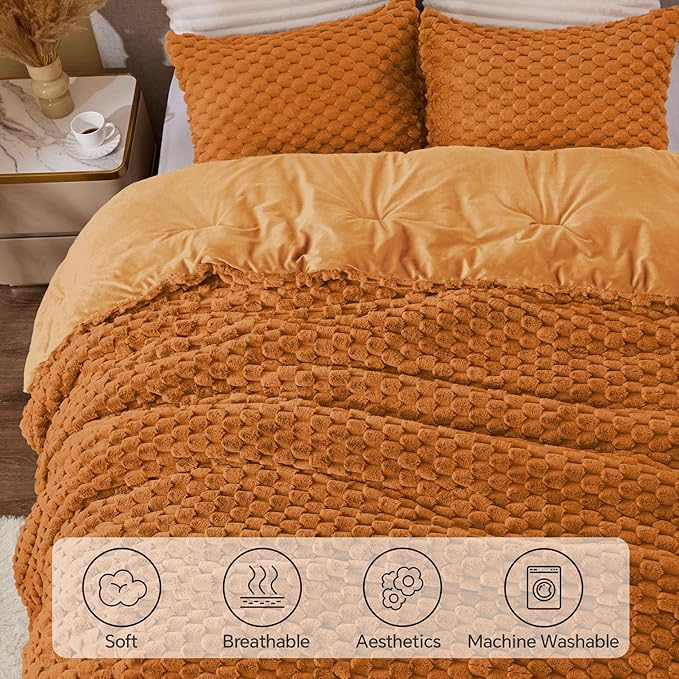 BEDELITE Fluffy Twin Comforter Set - Burnt Orange Fleece Soft Comforter for Twin Size Bed, Luxury Warm Bedding Set for Winter, Fuzzy Bed Set 2 Pieces (1 Comforter, 1 Pillowcase)