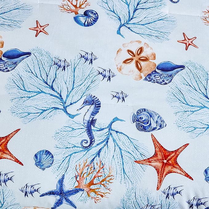 WONGS BEDDING Coastal Queen Comforter Set, 7 Pieces Beach Themed Ocean Sand Dollor & Starfish Pattern Bed in a Bag, Summer Bed Comforter Bedding Set(90"×90")