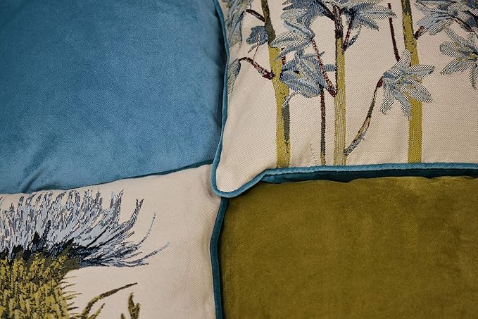 McAlister Textiles Decorative Tapestry Throw Pillow Cover Scatter Cushion with Blue Green Thistle Tapestry Design & Green Velvet Backing for Lounge, Bedroom & Garden