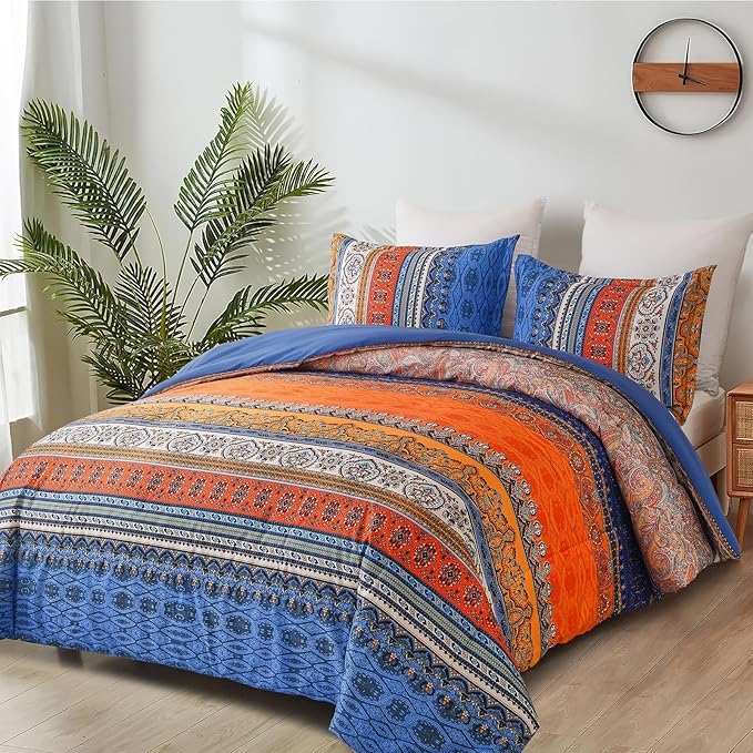 Goodidea Boho Comforter Queen Size, 3 Piece Blue Orange Bohemian Striped Western Comforter Set, Ultra Soft Lightweight Microfiber Boho Hippie Bedding Set with 2 Pillow Shams for All Seasons
