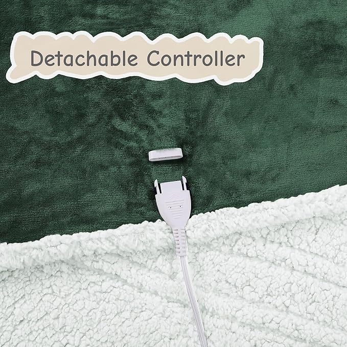 Electric Heated Blanket Throw Size 50"x60", Soft Flannel with Overheat Protection, 9 Adjustable Heat Settings & 10-Hour Auto-Off Timer, Fast Heating for Winter Comfort, Dark Green