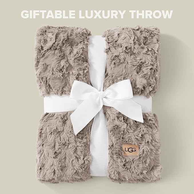 UGG Adalee Faux Fur Throw Blanket Luxury Lightweight Cozy Soft Throw for Couch Bed or Chair Hypoallergenic Machine Washable Double-Sided Fluffy Blanket Home Decor, 50-inch x 70-inch, Oyster Brown