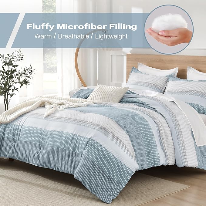 Litanika Light Blue Comforter Twin/Twin XL Size Set, 2 Pieces Bedding Set, Single Blue White Colorblock Striped Bed Set (66x90In Comforter & 1 Pillowcase)