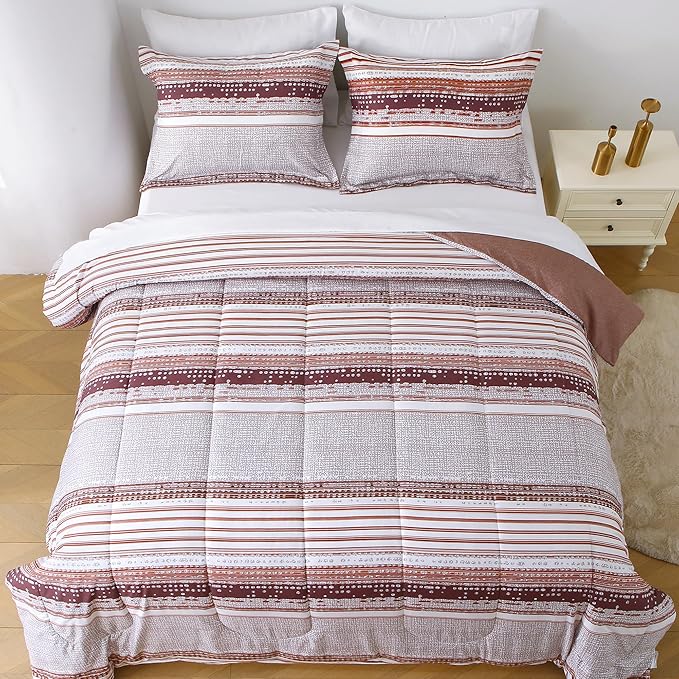 Striped King Comforter Set with Sheets, 7 Piece Luxury Vintage Bedding, Soft Microfiber Bed in a Bag, Cozy Lightweight Bed Set, Chocolate Brown Striped