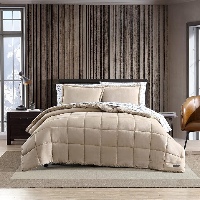 Eddie Bauer - Twin Comforter Set, Microsuede Bedding with Soft Plush Faux Shearling Reverse, 2 Piece Bed Set with Matching Pillowcase (Sherwood Brown)