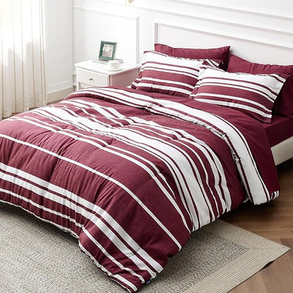 Bedsure Queen Comforter Set 7 Pieces, Burgundy Striped Bedding Set for All Seasons, Reversible, Cationic Dyeing Bed in a Bag with Comforter, Sheets, Pillowcases & Shams