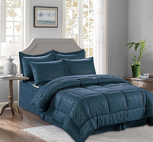 Luxury Best, Softest, Coziest 8-Piece Bed-in-a-Bag Comforter Set - Elegant Comfort - Silky Soft Bamboo Pattern Complete Set Includes Bed Sheet Set with Double Sided Storage Pockets, King, Navy Blue