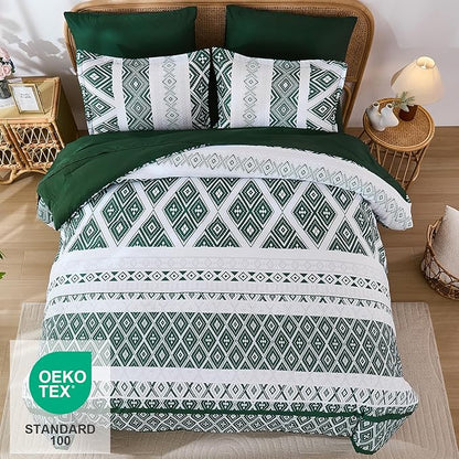 Luxudecor Green Comforter Set Queen Size 7 Pieces,Boho Aztec Comforter with Sheet Set,Geometric Striped Pattern Bed in a Bag,Soft Microfiber Bed Set 90"x90"